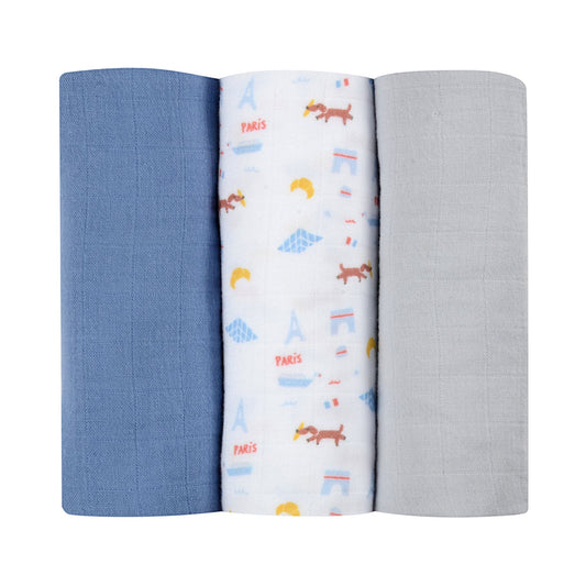 Pack of 3pcs Organic Muslin Swaddle - Paris - 70 x 70cm