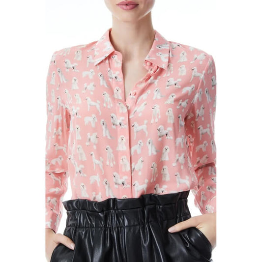 Willa Dog Print Long Sleeve Silk Blouse