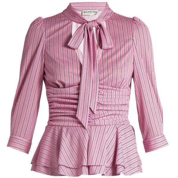 Striped Pussy Bow Ruched Waist Peplum Top