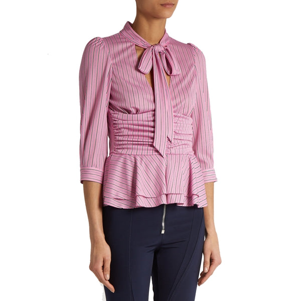 Striped Pussy Bow Ruched Waist Peplum Top