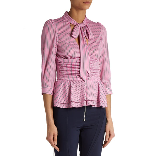 Striped Pussy Bow Ruched Waist Peplum Top
