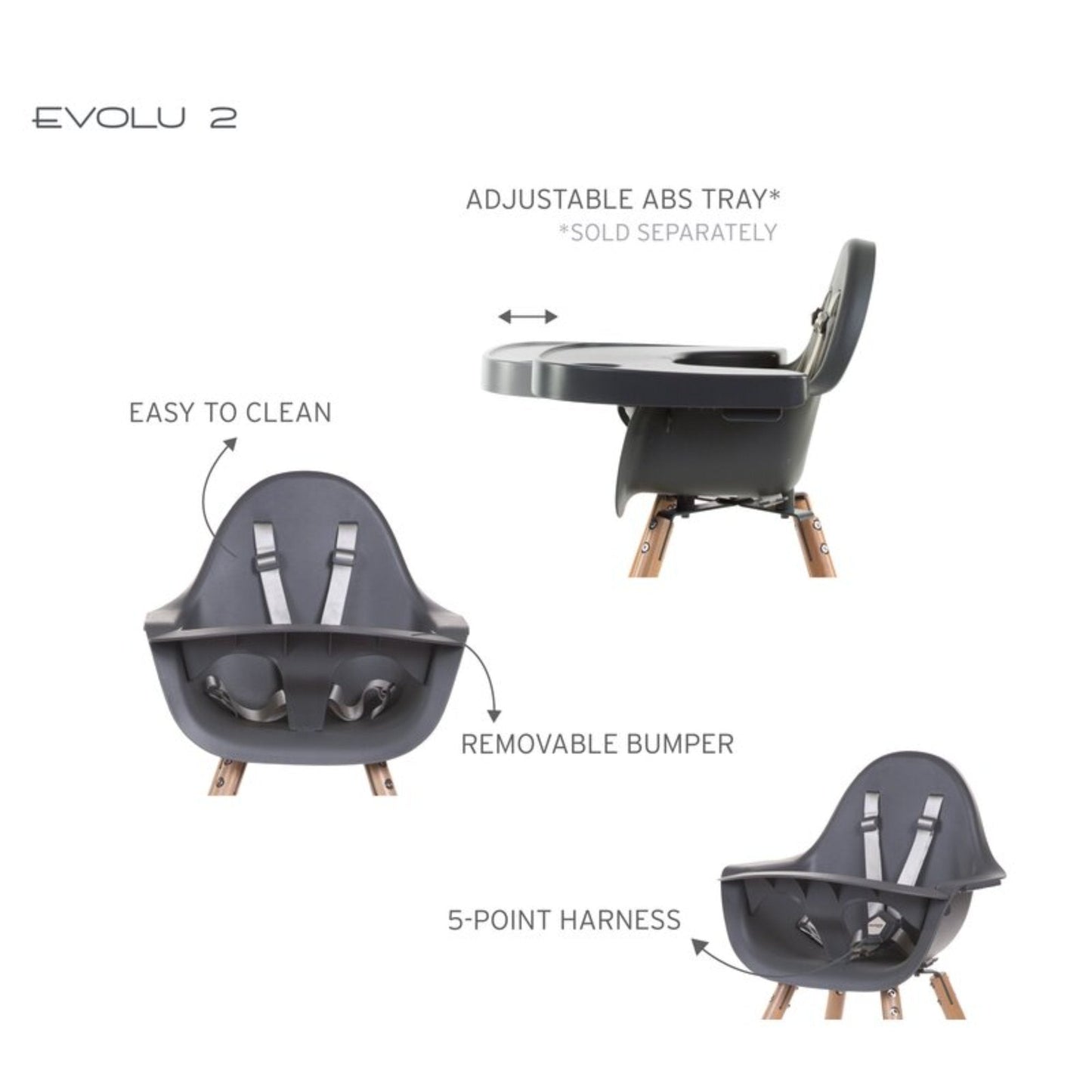 EVOLU 2 High Chair with Bumper (Child from 6 months to 6 years old) Belgian brand - NATURAL ANTHRACITE