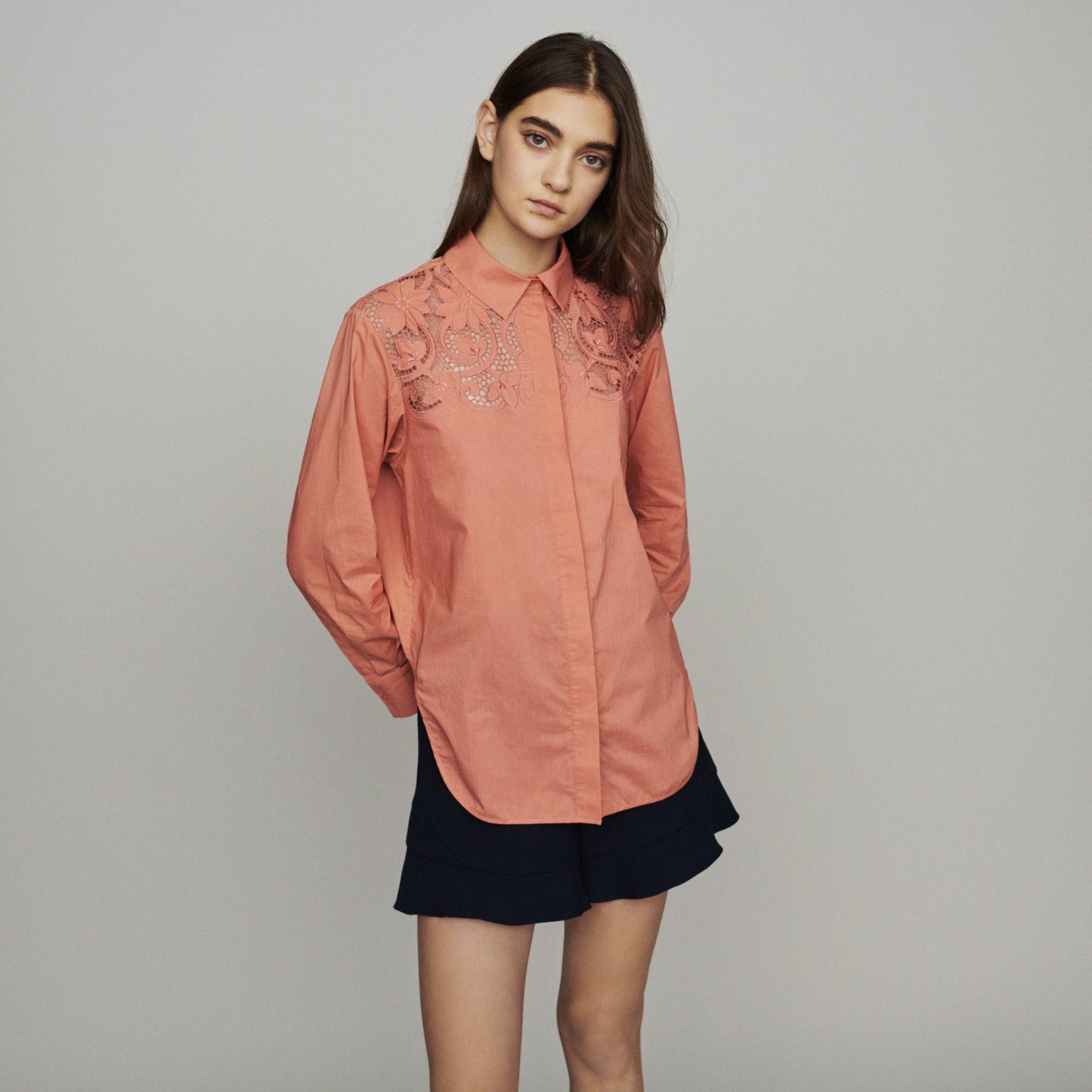 Shirt With Lace Yokes - Coral