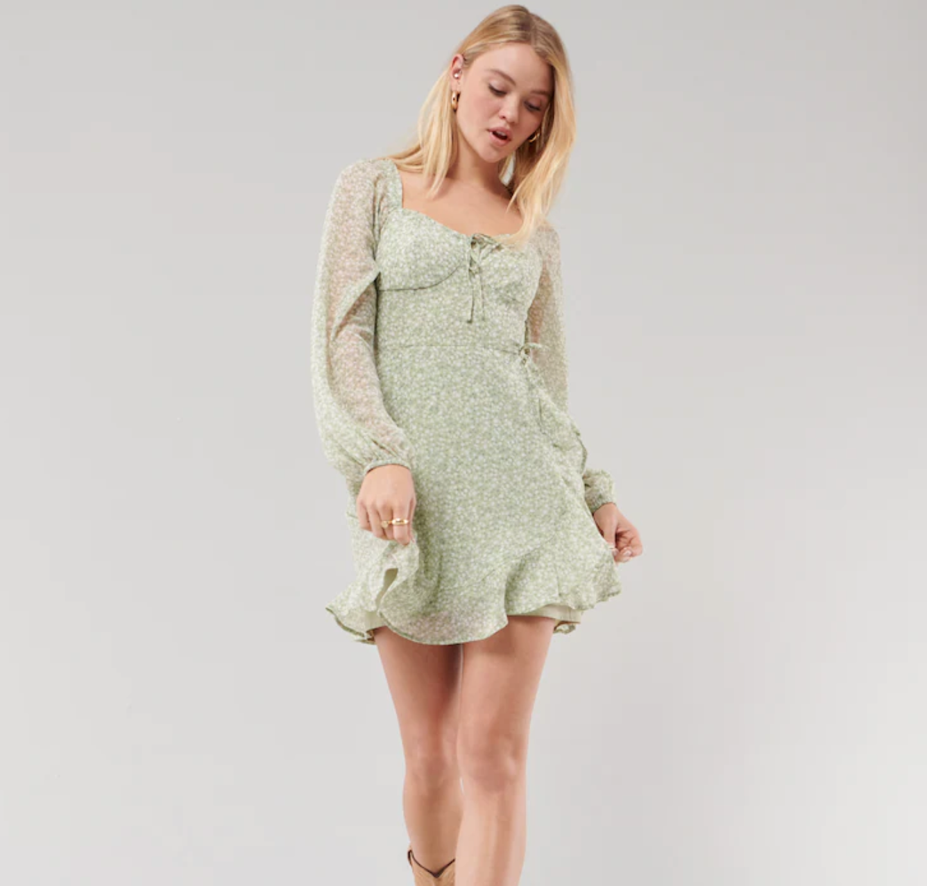 Long-Sleeve Chiffon Wrap Dress